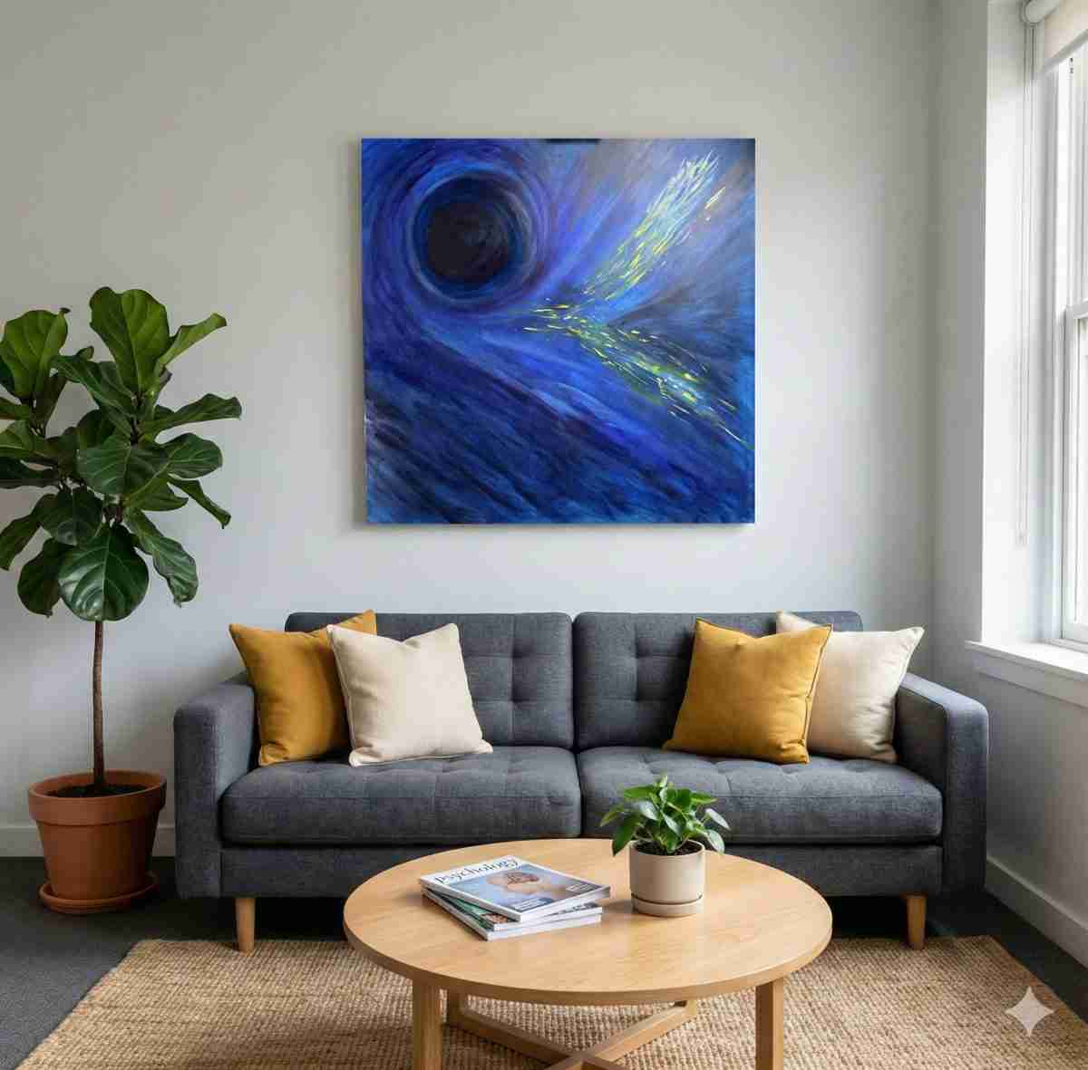 Simulazione del quadro astratto Vertigine di Angela Cortese in un soggiorno